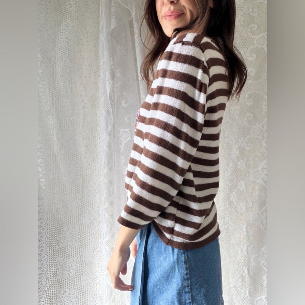 Vintage Striped Floral Beaded Knit Sweater V Neck Soft 90s Cottage - Picture 4 of 16